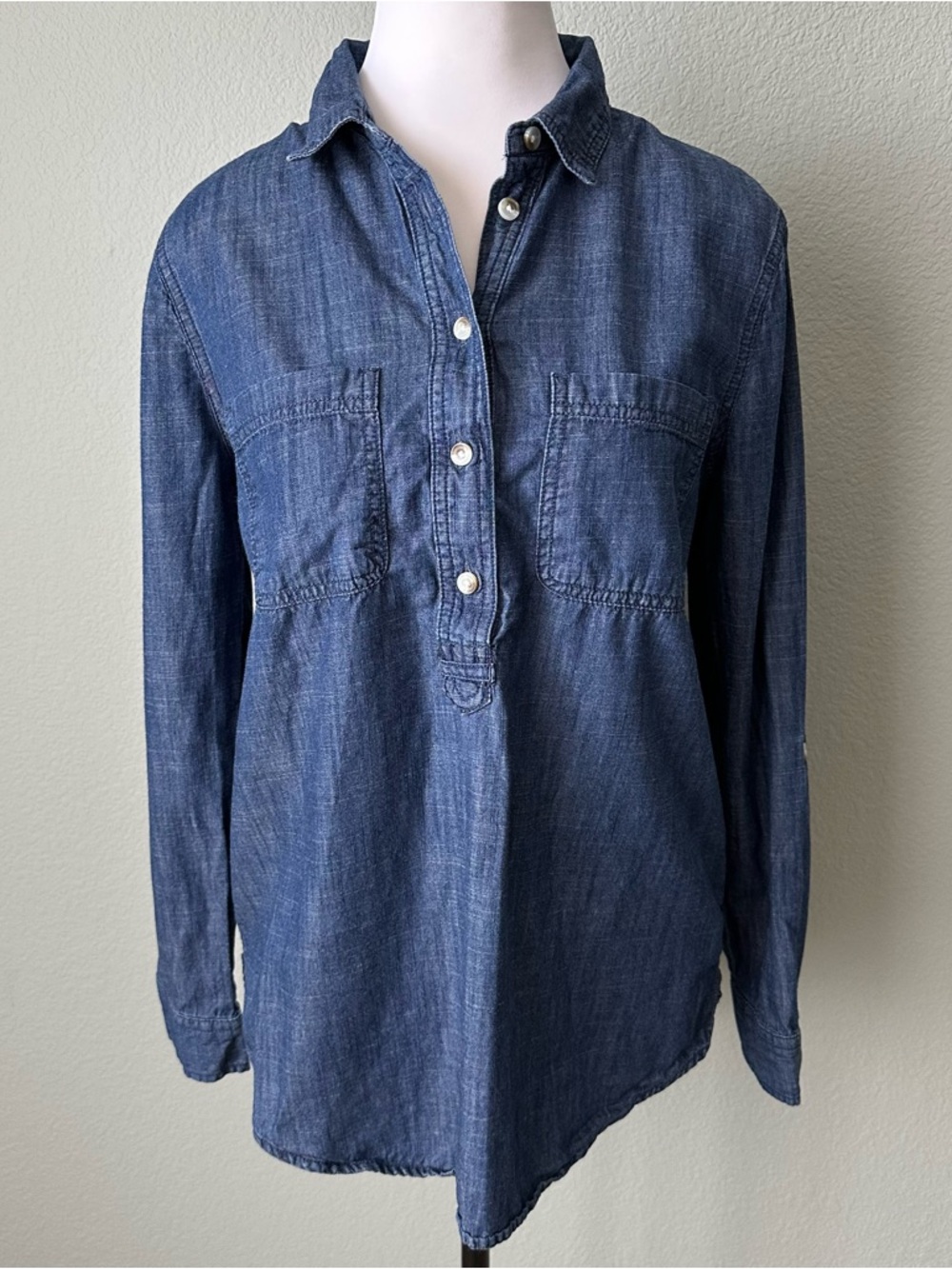 Denim Long Sleeve Pullover Button-Front Shirt